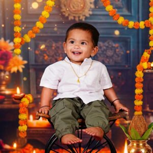 Baby in a traditional temple themed photography setup