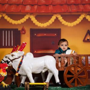 Baby in a traditional Sankranthi bull cart theme